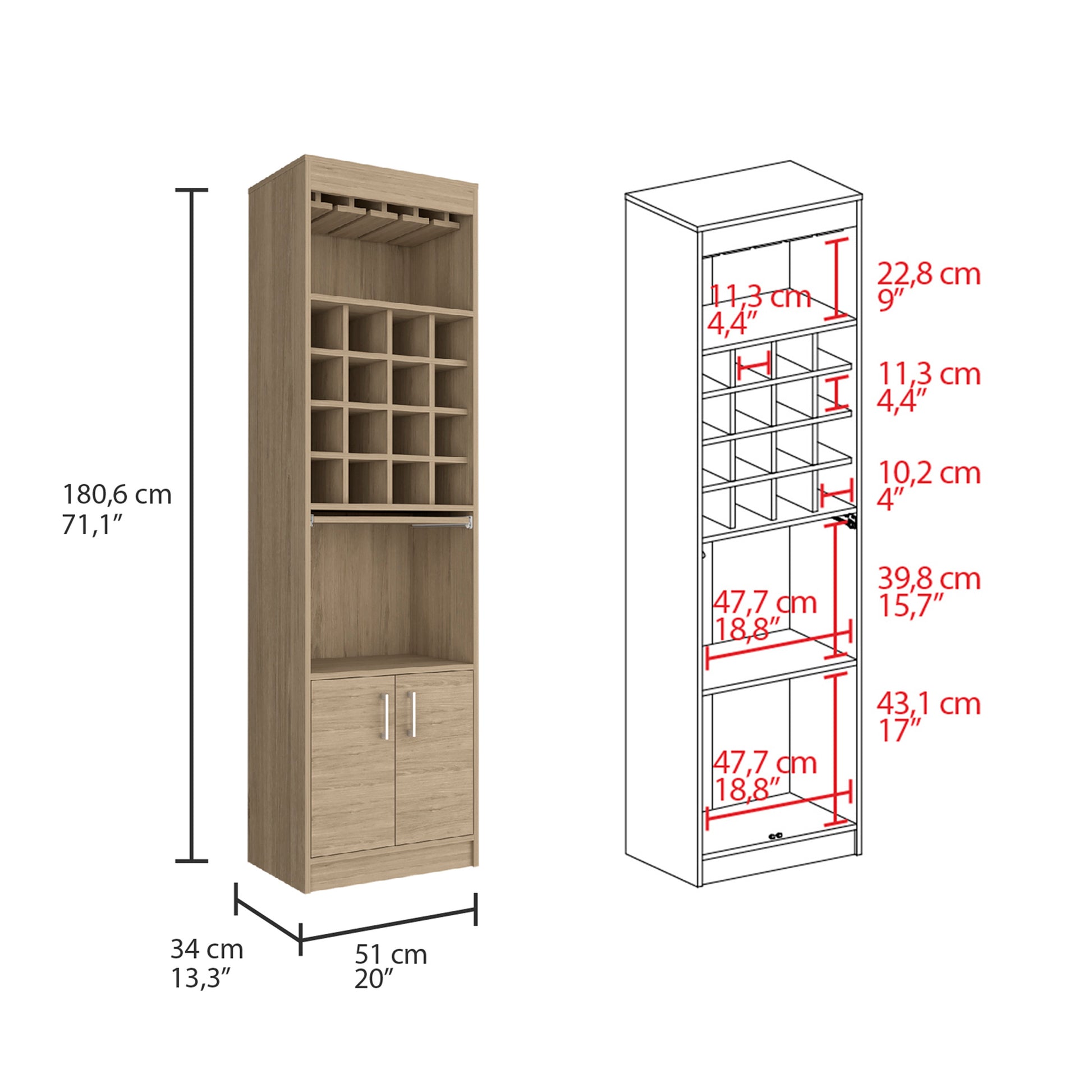 Being Kava Bar Cabinet, Double Door, Two Shelves, Sixteen Built In Wine Rack Light Pine Beige Particle Board Particle Board