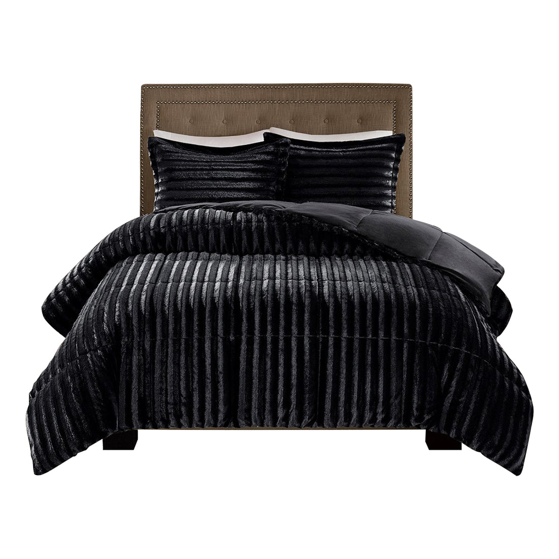 Faux Fur Comforter Mini Set Queen Black Polyester