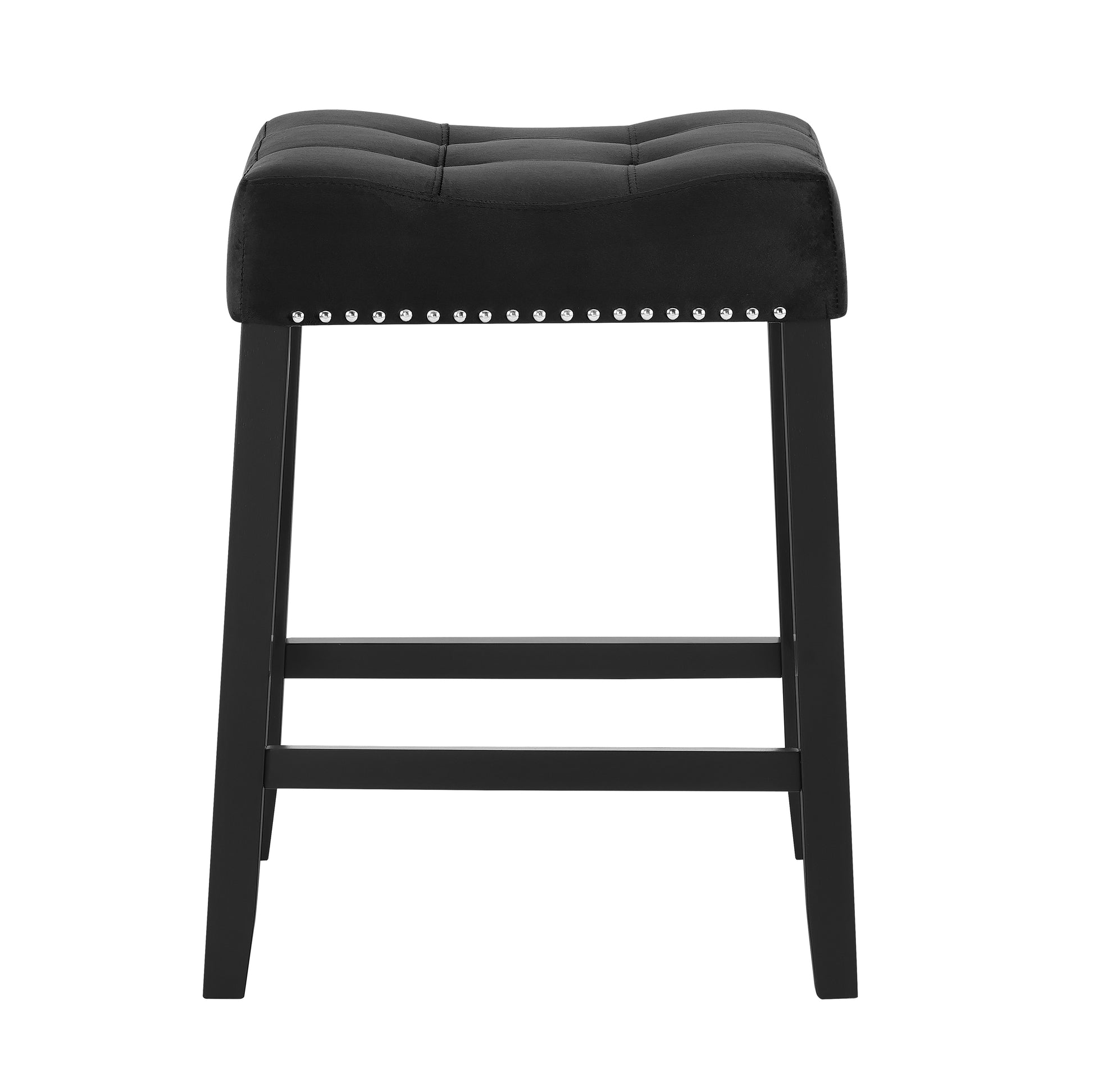2Pc Black Saddle 27" Counter Stool Modern Style Kitchen Bar Black Velvet Finish Upholstered Seat Nail Head Trim Black Dining Room Contemporary,Modern Fabric,Wood