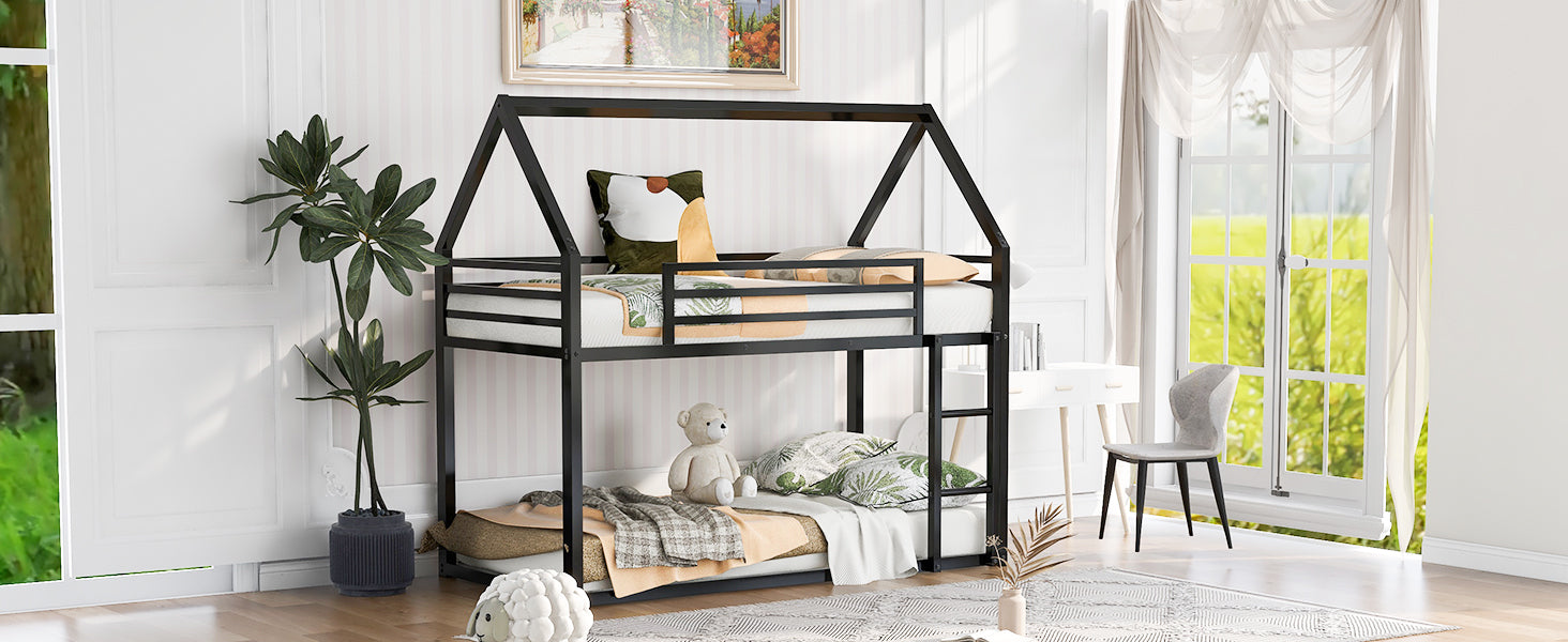 Twin Over Twin House Bunk Bed With Built In Ladder,Black Twin Black Metal