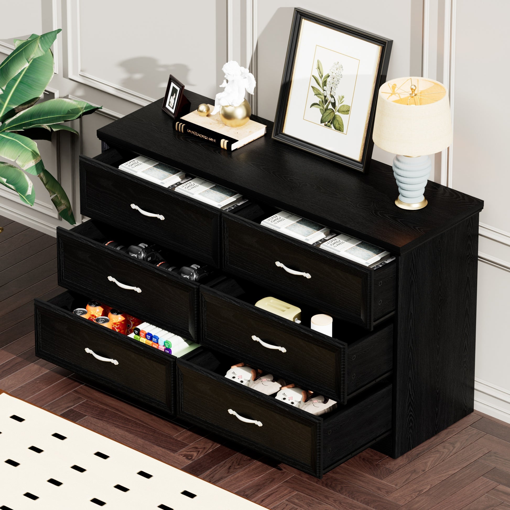 Modern 3 Drawer Bedroom Chest Of Drawers With 6 Drawers Dresser, Clothes Organizer Metal Pulls For Living Room, Bedroom, Hallway, Black,47.6 L X 15.7 W X 28.9 H Black Particle Board Mdf