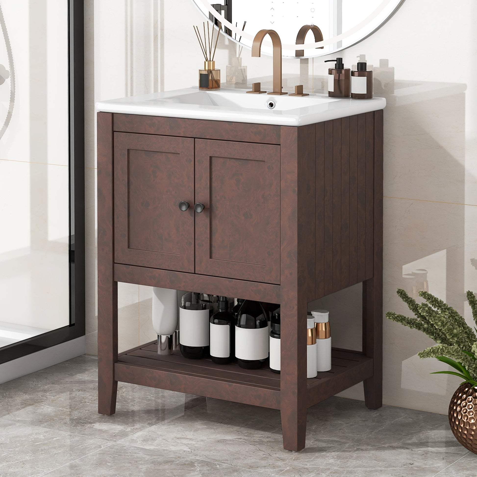 Video 24" Brown Modern Sleek Bathroom Vanity Elegant Ceramic Sink With Solid Wood Frame Open Style Shelf Brown Solid Wood Mdf