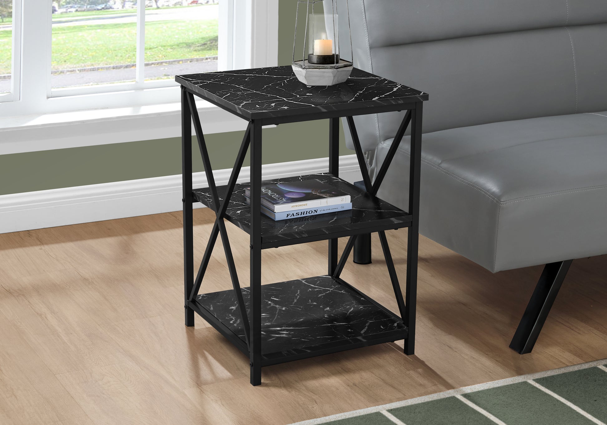 Accent Table, Side, End, Nightstand, Lamp, Living Room, Bedroom, Black Marble Look Laminate, Black Metal, Contemporary, Modern Black Metal