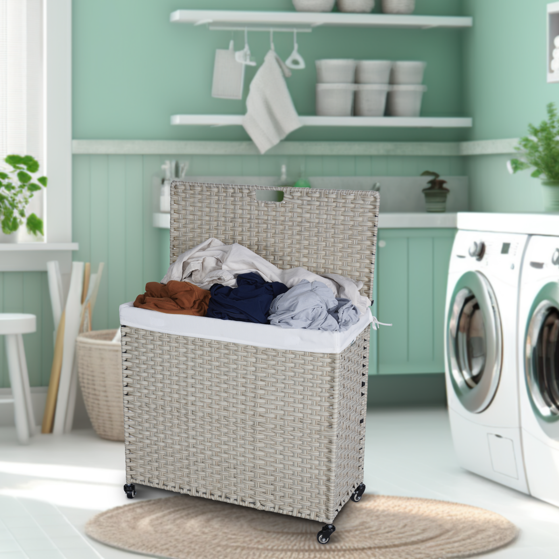 Laundry Hamper With Lid Pe Rattan Powder Coating Frame Clothes Hampers With 02 Removable Bags, Wheels, 160L, Grey Color Light Grey 1 Foldable Bathroom American Design,American Traditional Wicker