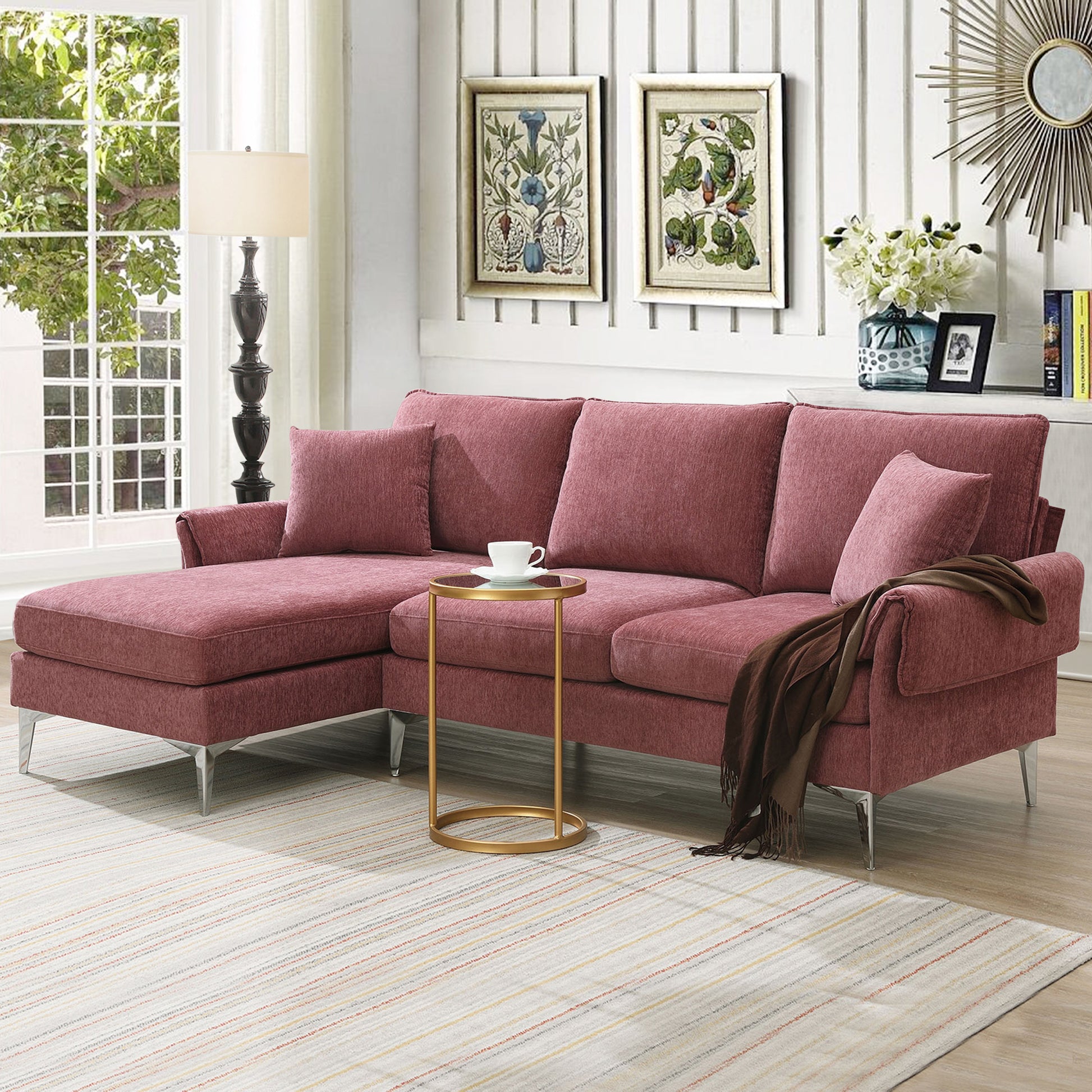 84 "Modern Chenille L Shaped Sofa With Reversible Lounge,Convertible Sectional Couch Set,4 Seat Indoor Furniture With Reversible Chaise,Fit For Living Room, Apartment 2 Pillows Pink Chenille 4 Seat