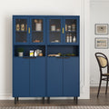 Tall Storage Show Cabinet With 2 Glass Display Door & 2 Doors, Tall Kitchen Pantry Cabinet With Gold Handles, Modern Cabinet Freestanding For Bathroom, Dining Living Room, Blue Blue Mdf