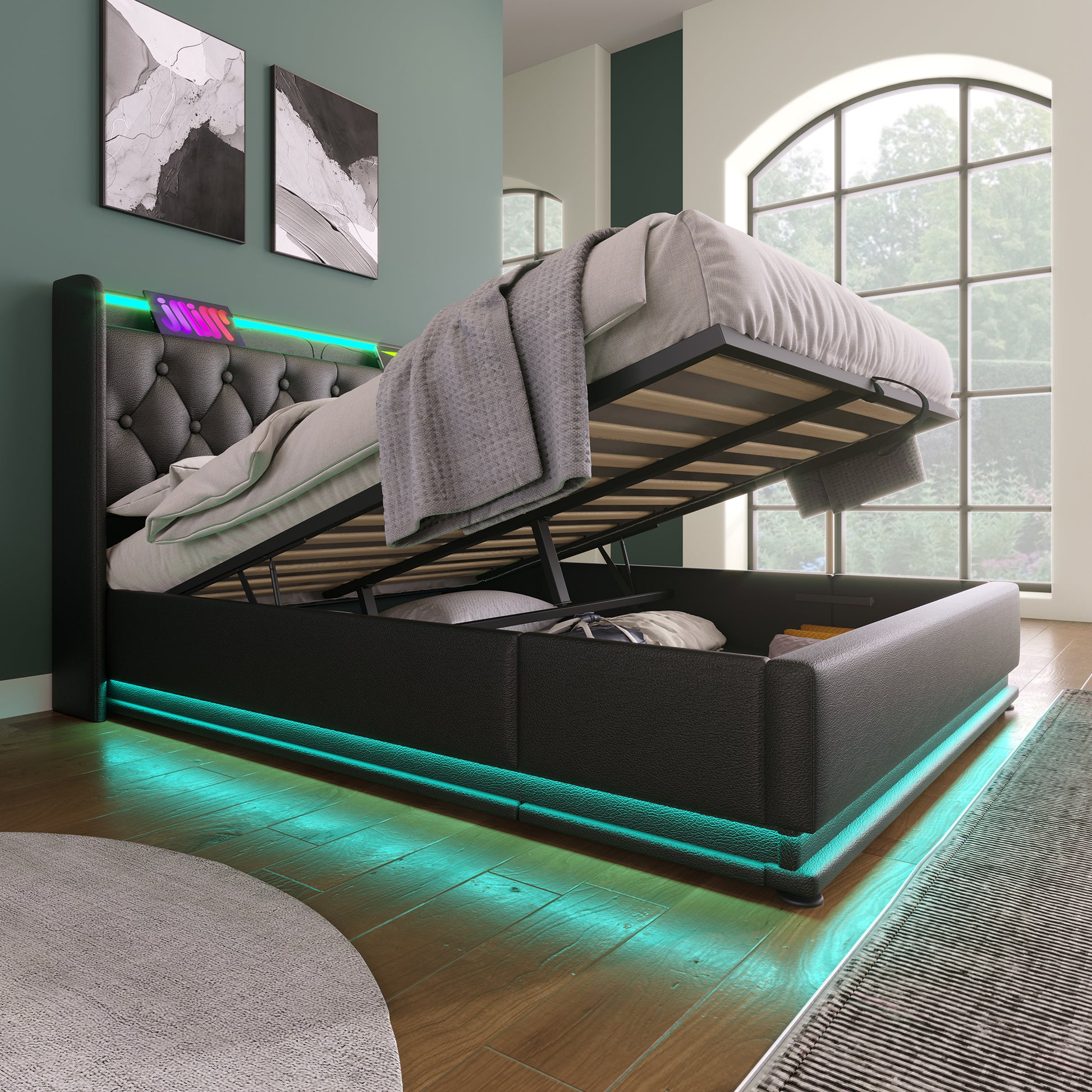 Full Size Upholstered Bed, 360 Surround Led Function, Buttons Apps Remote Control, Hydraulic Storage Bed With Usb Type C Charging, Black,Pu Without Mattress Full Black Pu