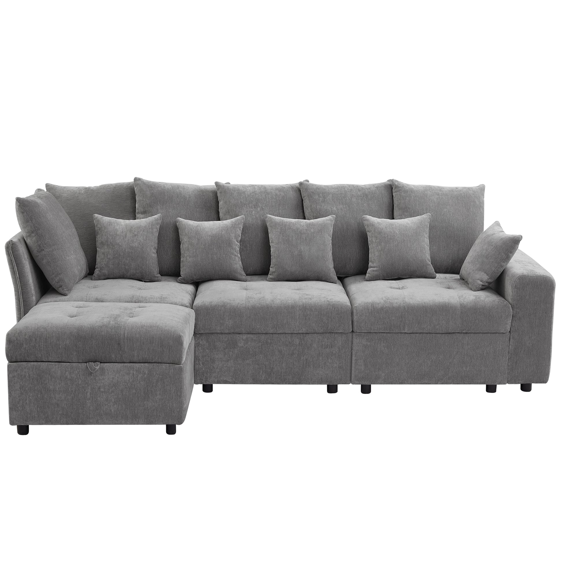 96.45"Sectional Sofa Modular Sofa Couch With Three Usb Ports, A Removable Storage Ottoman And Five Back Pillows For Living Room, Grey Grey Foam Chenille 4 Seat