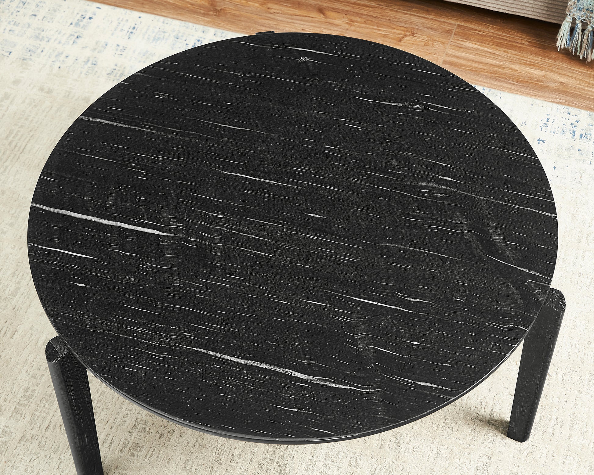 Living Room Coffee Table: Modern And Stylish 24 Inch Round Small Coffee Table, Imitation Marble Tabletop With Rubber Wood Solid Wood Legs, Wooden Coffee Table, Living Room, Office, Home Black Solid