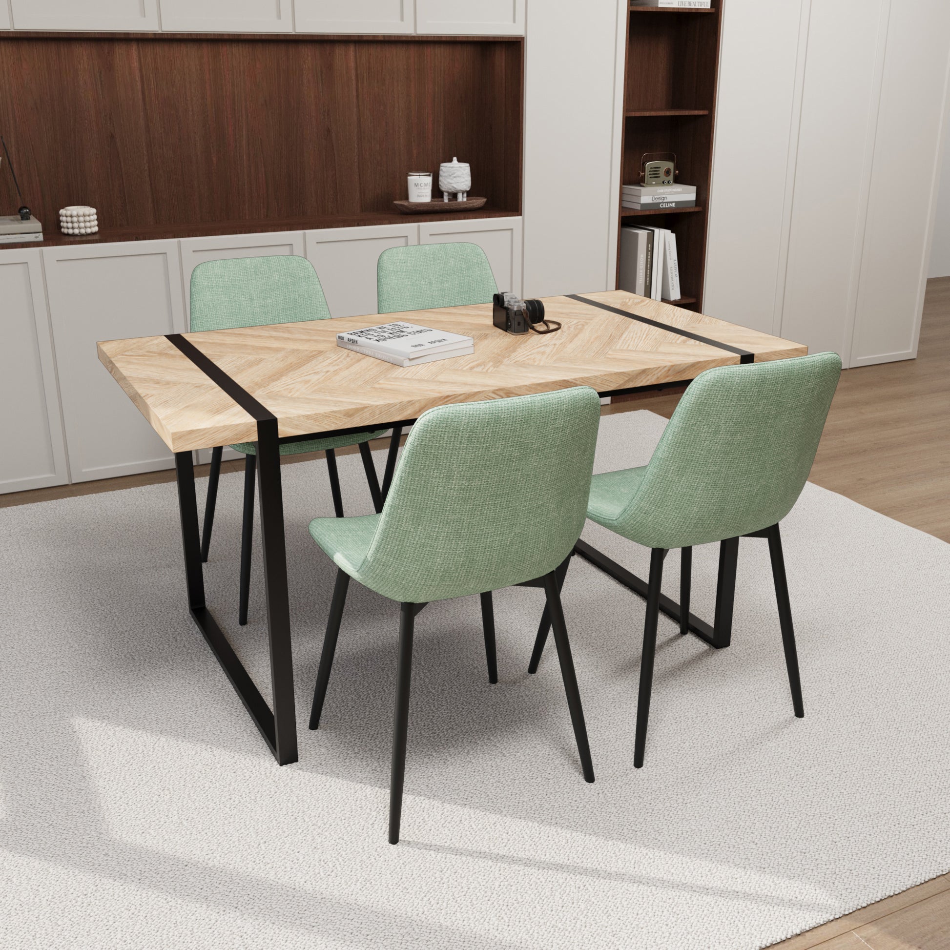 Mdf Light Wood Dining Table And Modern Dining Chair 4 Piece Set, Medieval Wooden Kitchen Dining Table Set, Rectangular Metal Base, Dining Table And Suede Chair Brown Green Mdf