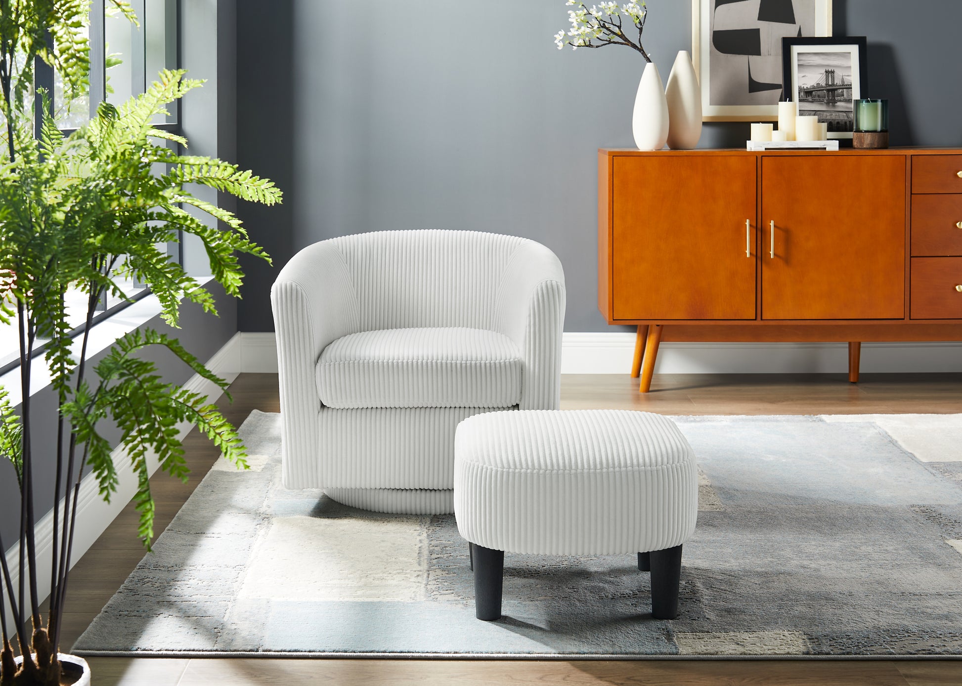 Swivel Accent Chair 360 Comfy Recliner Corduroy Arm Chair Single Sofa With Ottoman For Living Room Bedroom White Fabric