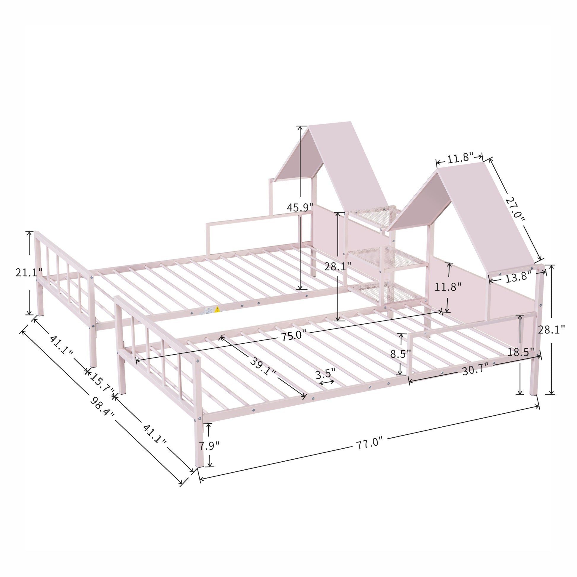 Metal Double Twin Size Platform Bed With House Shaped Headboard And A Built In Nightstand, Pink Box Spring Not Required Twin Pink Metal Metal