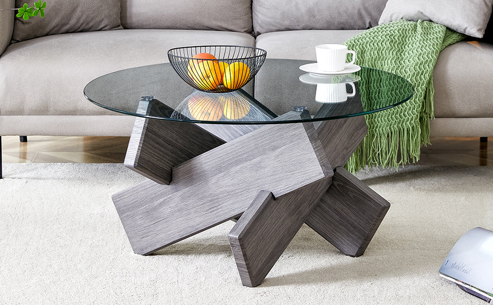 Round Glass Coffee Table, 33.4" Modern Design Unique Coffee Table. Tempered Glass Top With Grey Patterned Mdf Legs. Suitable For Living And Dining Rooms Gray Mdf Glass