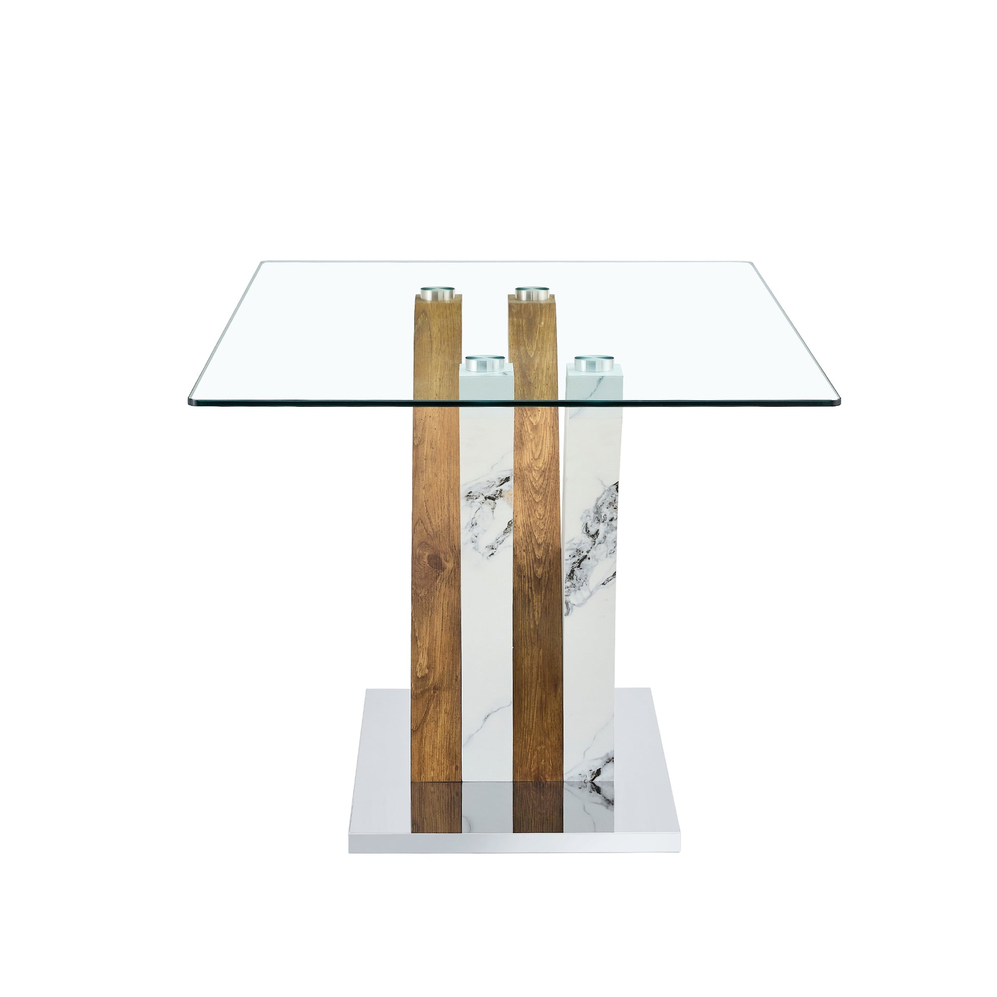 Table And Chair Set.Modern Dining Table, Tempered Glass Countertop With Artistic Mdf Legs.Paried With 4 Comfortable Chairs With Pu Seats And Metal Legs. Suitable For Various Decoration Styles. Black,Transparent Seats 4 Mdf Glass