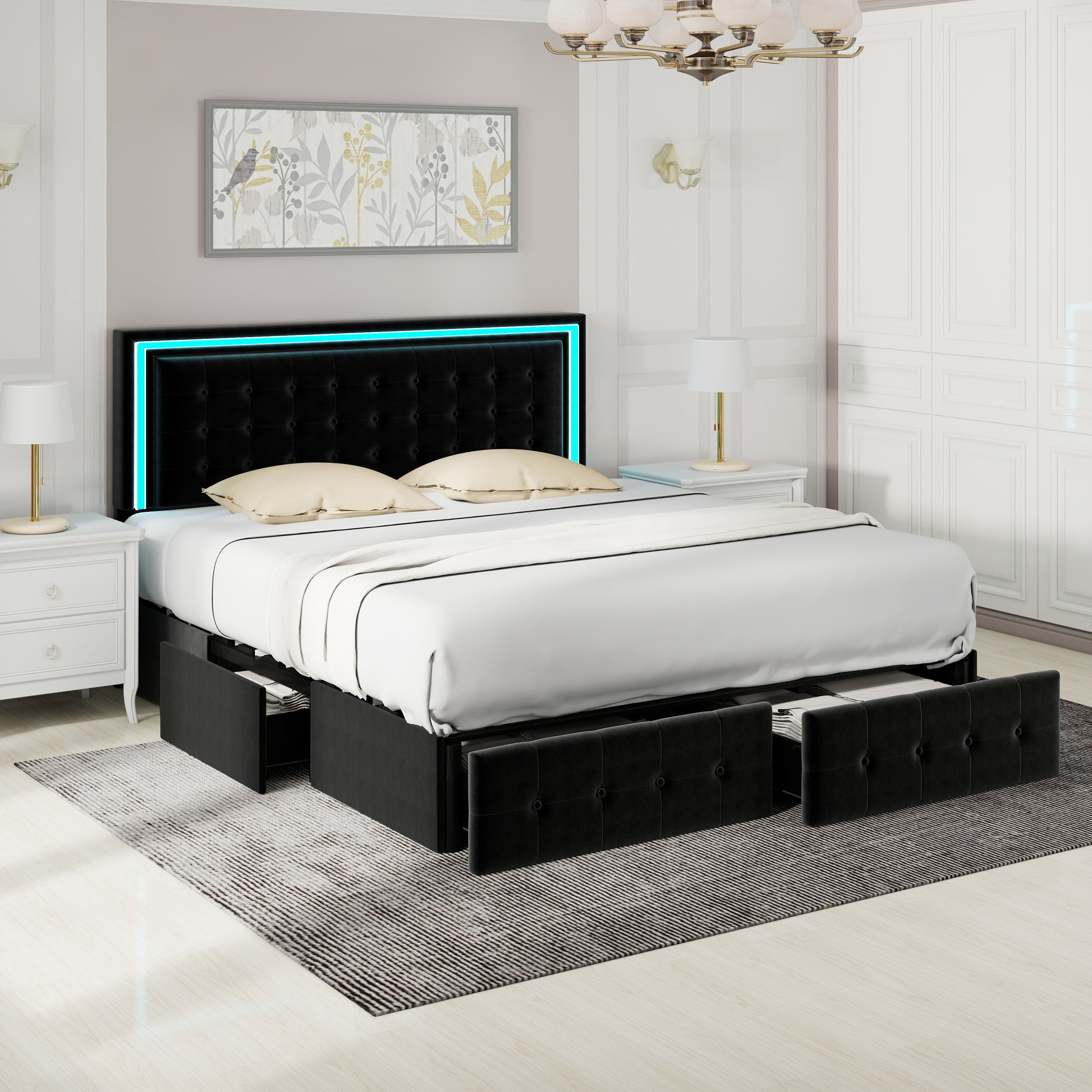 Full Size Led Bed Frame With 4 Storage Drawers, Smart Control Rgb Led Lights On Headboard, With Remote Control, Upholstered Adjustable Headbaord, Velvet Black Mdf Metal