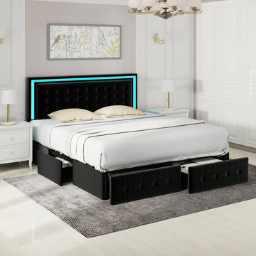Full Size Led Bed Frame With 4 Storage Drawers, Smart Control Rgb Led Lights On Headboard, With Remote Control, Upholstered Adjustable Headbaord, Velvet Black Mdf Metal