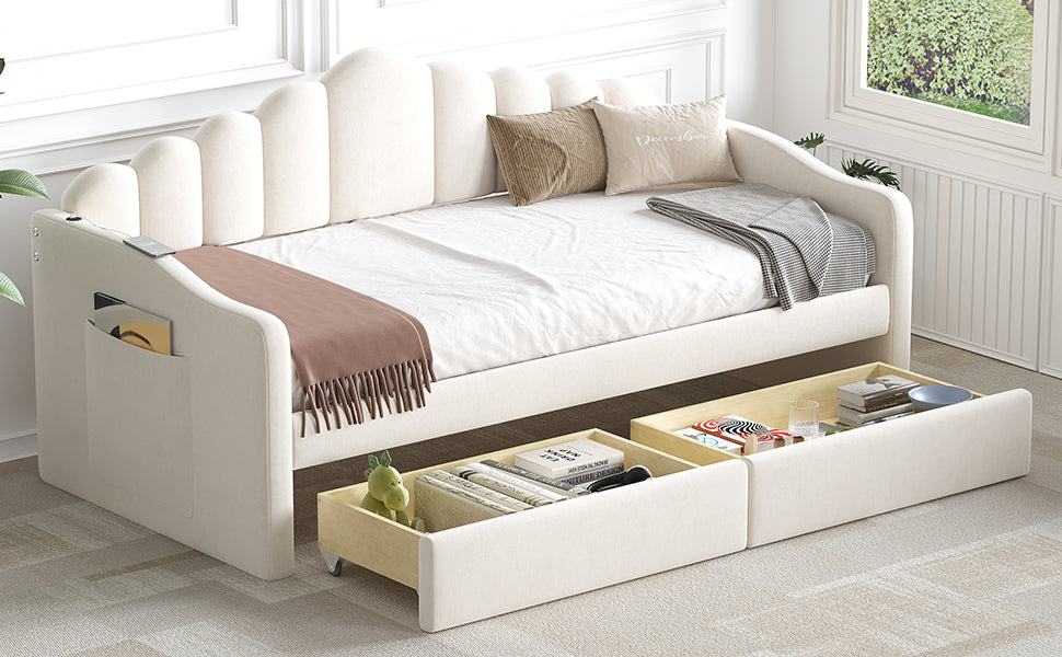 Twin Size Upholstered Daybed With 2 Drawers ,Velvet Sofabed With Usb Charging Ports,No Box Spring Needed,Beige Twin Beige Velvet