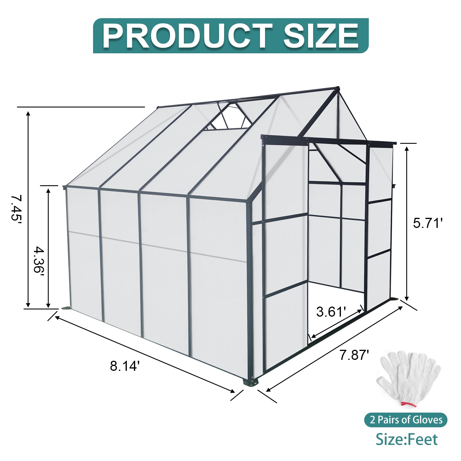 8X8 Ft Double Door Polycarbonate Greenhouse Raised Base And Anchor Aluminum Heavy Duty Walk In Greenhouses For Outdoor Backyard In All Season,Black Black Aluminium