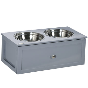 Pawhut Elevated Dog Bowls, Raised Dog Bowl Stand With Storage, 2 Stainless Steel Bowls, Pet Feeding Station For Medium Dogs, Indoor Use, 23.6" X 11.8" X 9.4", Gray Grey Stainless Steel