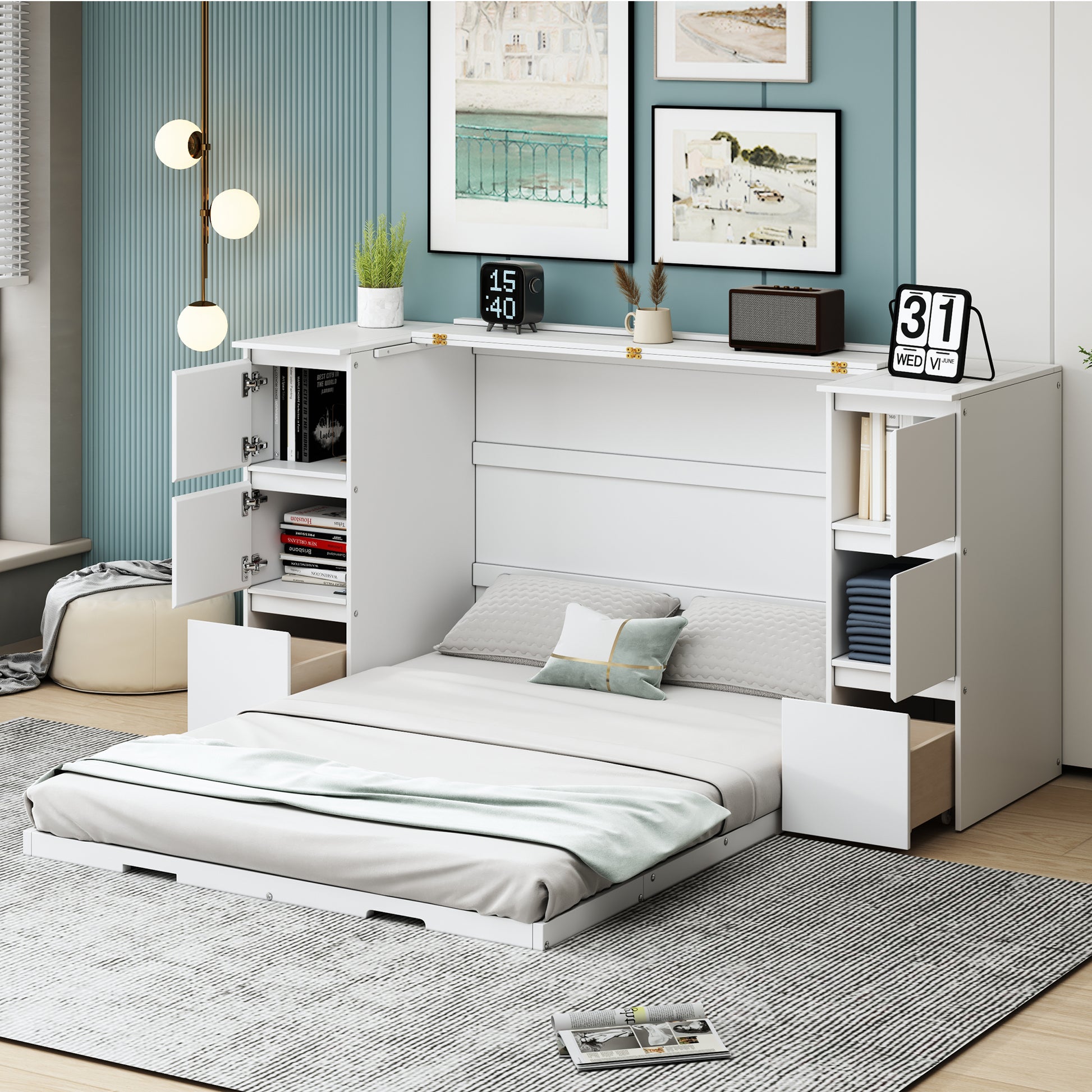 Full Size Murphy Bed With Drawers, Cabinets And Usb Ports,White Full White Mdf Lvl