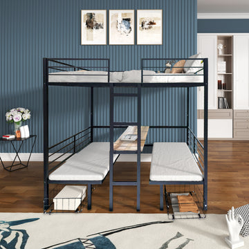 Full Size Loft Bed With Table Set Transformable To Full Over Full Bunk Full Black Steel