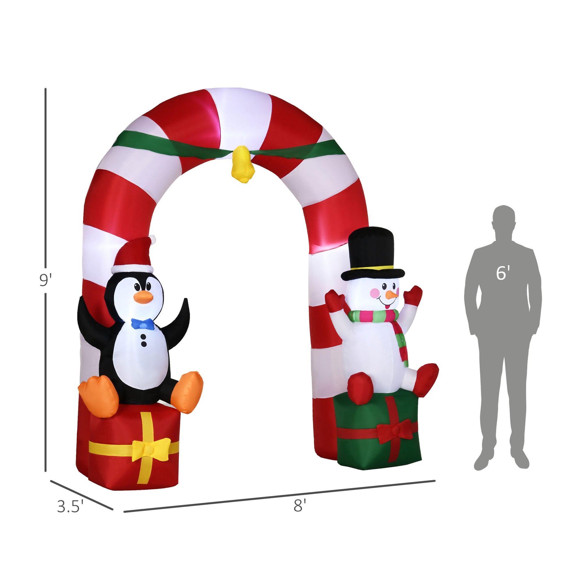 Outsunny 9Ft Christmas Inflatables Outdoor Decorations Candy Cane Archway With Penguin Snowman Sit On Gift Box, Blow Up Led Yard Christmas Decor For Lawn Garden White Polyester