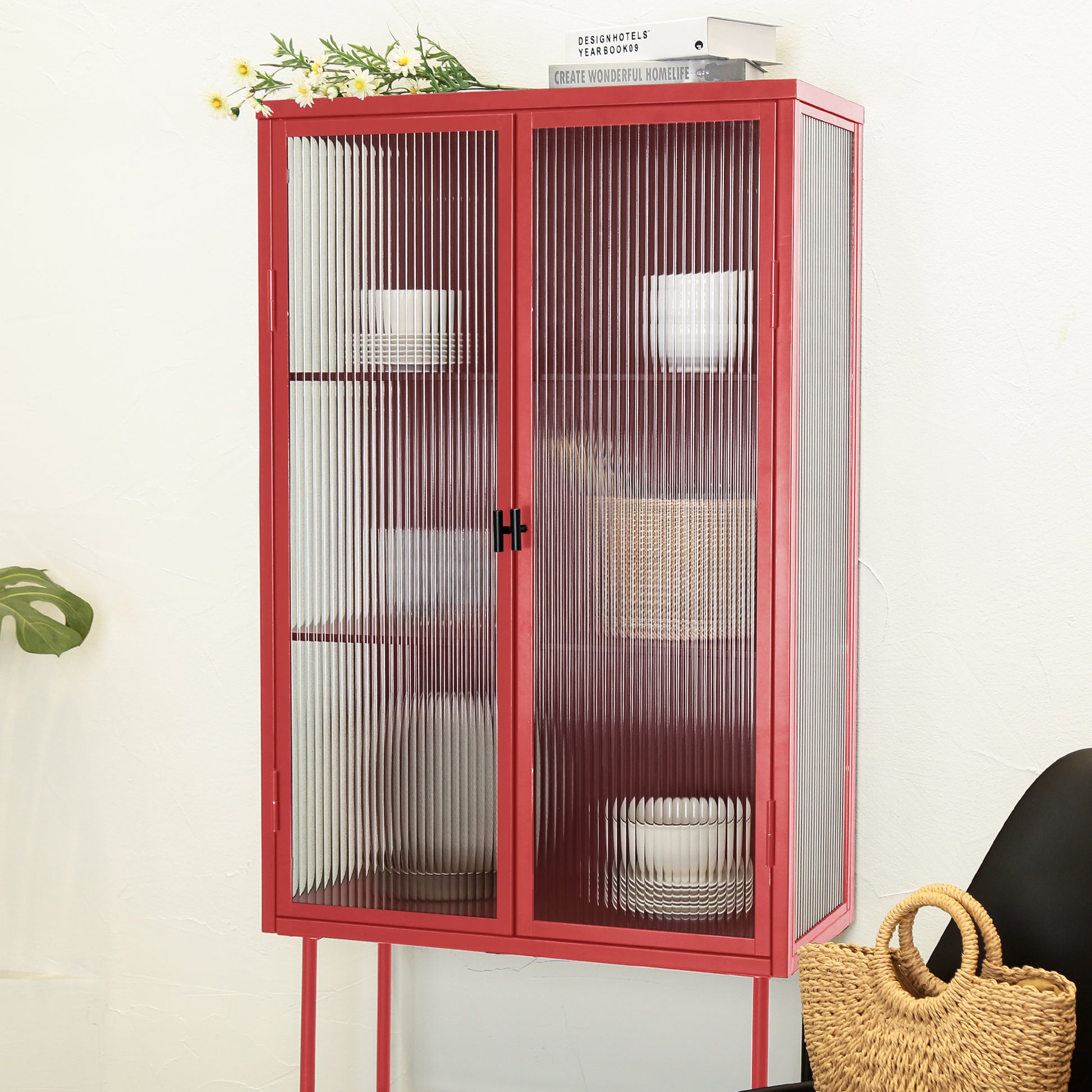 Retro Style Red Tall Freestanding Display Cupboard Stylish Fluted Glass Storage Cabinet With Glass Doors Three Detachable Shelves Bottom Space For Office Dining Room Living Room Old Sku:W68751710 Red Steel