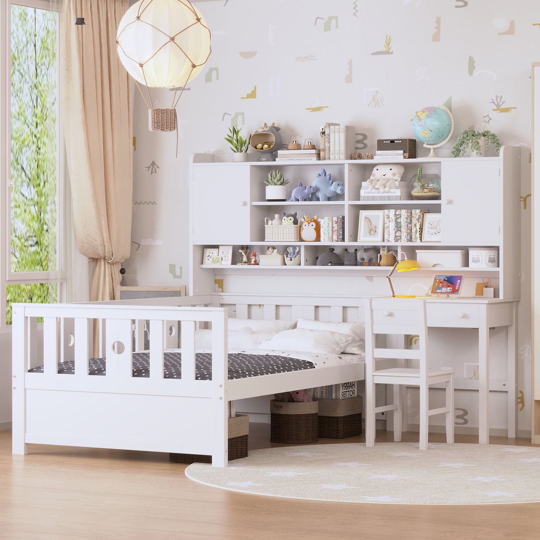 Twin Size Multifunctional Wood Platform Bed With Bookshelf At The Head Of The Bed, Built In Desk And Matching Chair, White Twin White Wood