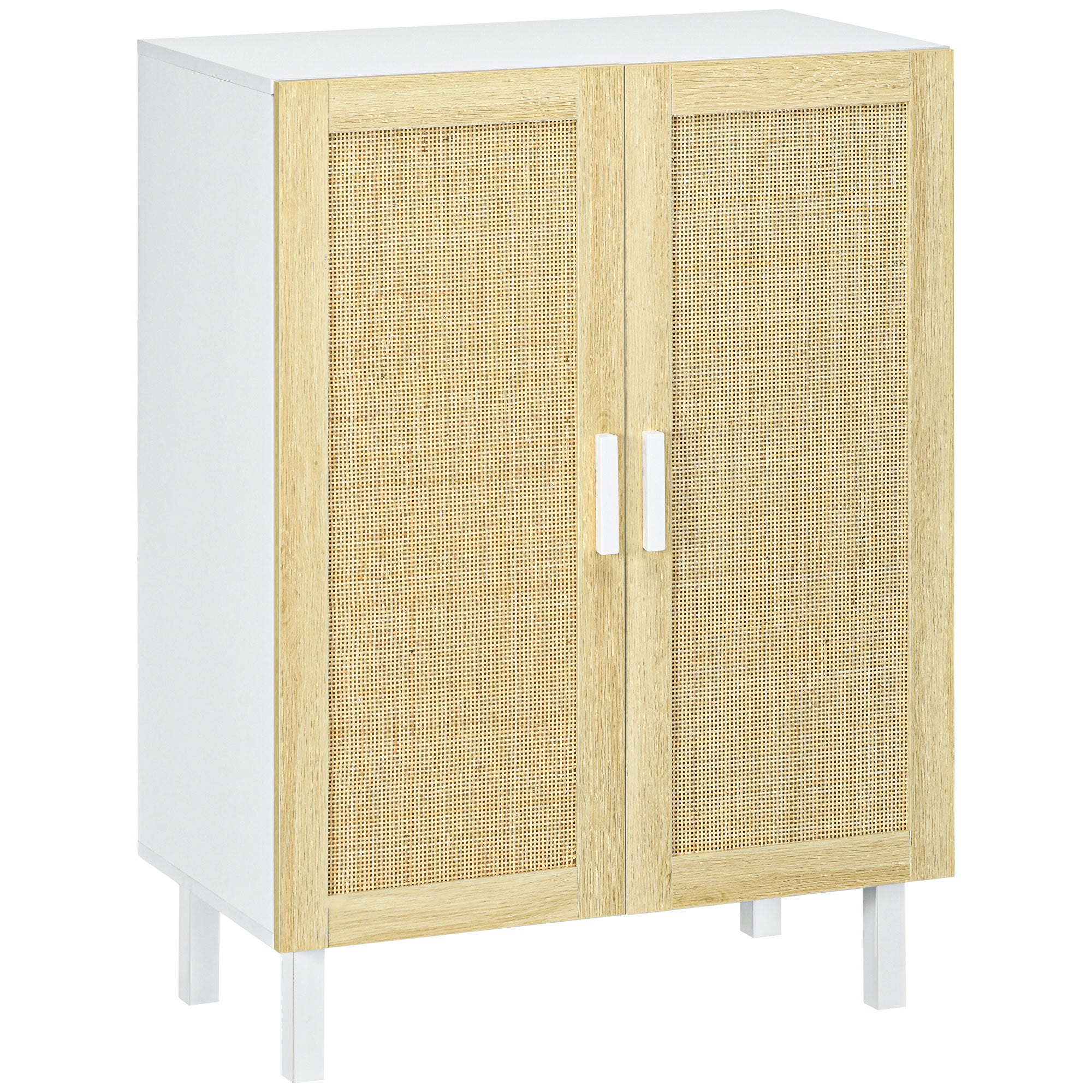 Homcom Sideboard Buffet Cabinet, Kitchen Cabinet, Coffee Bar Cabinet With 2 Rattan Doors And Adjustable Shelves, White And Natural White Natural Particle Board