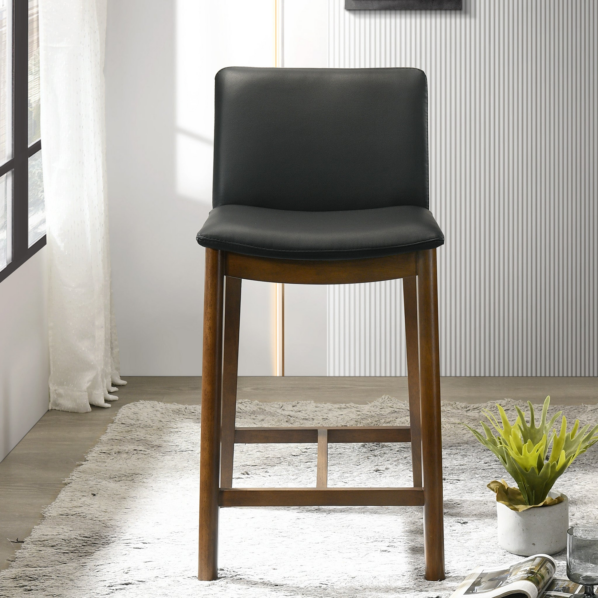 Shannon Counter Chair In Black Vegan Leather Solid Black,Brown Brown Dining Room Foam Wipe Clean Mid Century Modern Bar Stools Solid Back 1 Foam Pu Leather,Solid Wood