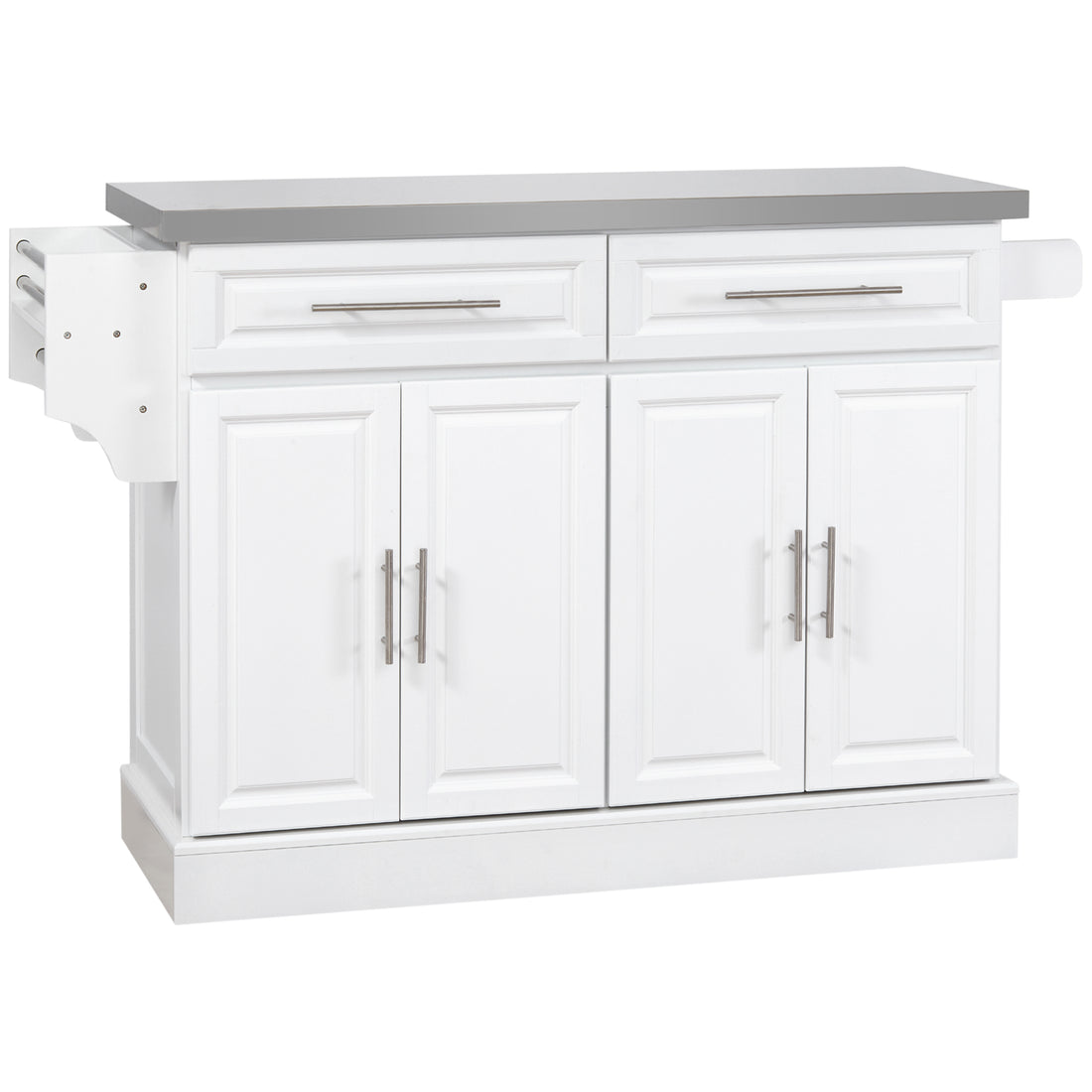 Homcom Rolling Kitchen Island With Storage, Portable Kitchen Cart With Stainless Steel Top, 2 Drawers, Spice, Knife And Towel Rack And Cabinets, White White Mdf