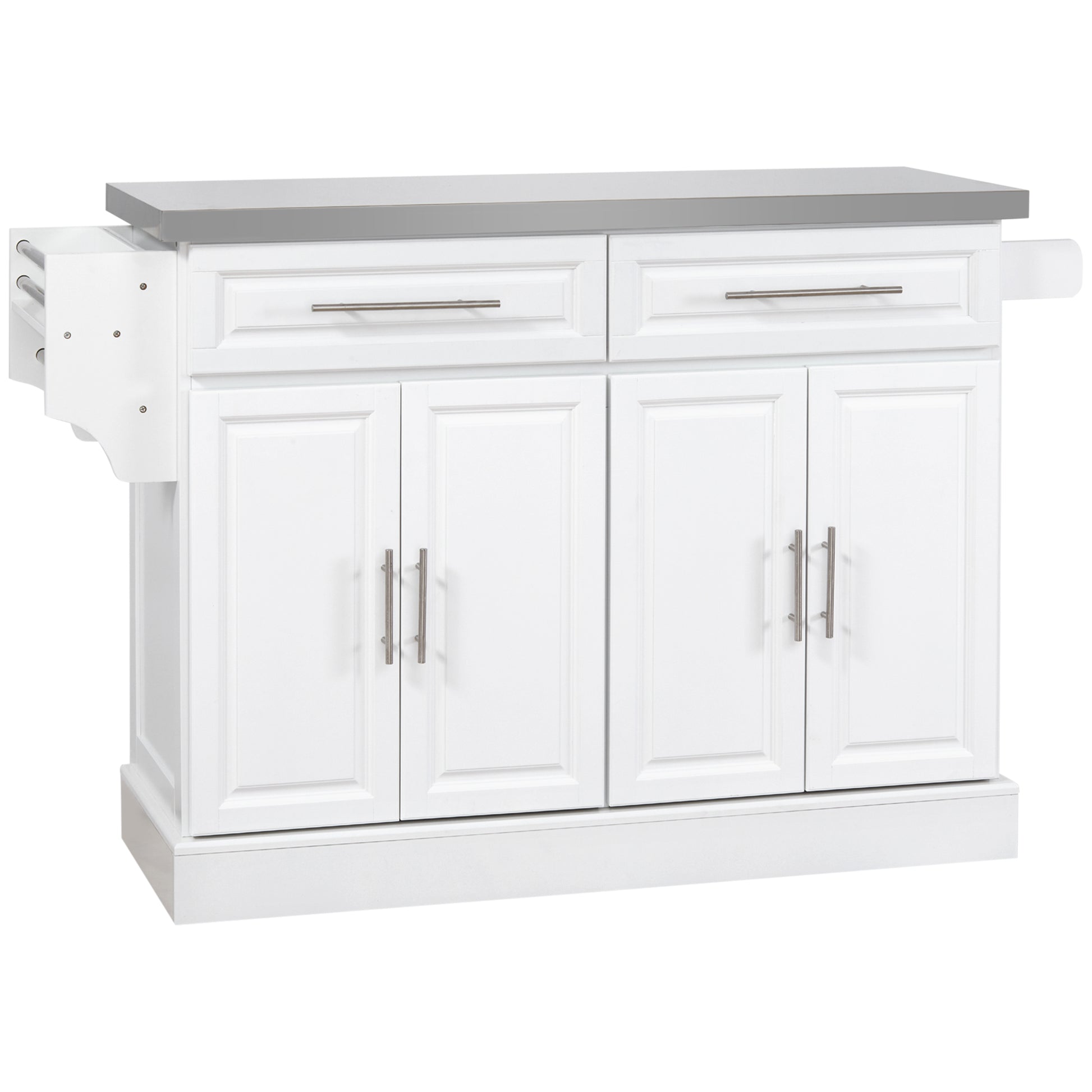 Homcom Rolling Kitchen Island With Storage, Portable Kitchen Cart With Stainless Steel Top, 2 Drawers, Spice, Knife And Towel Rack And Cabinets, White White Mdf