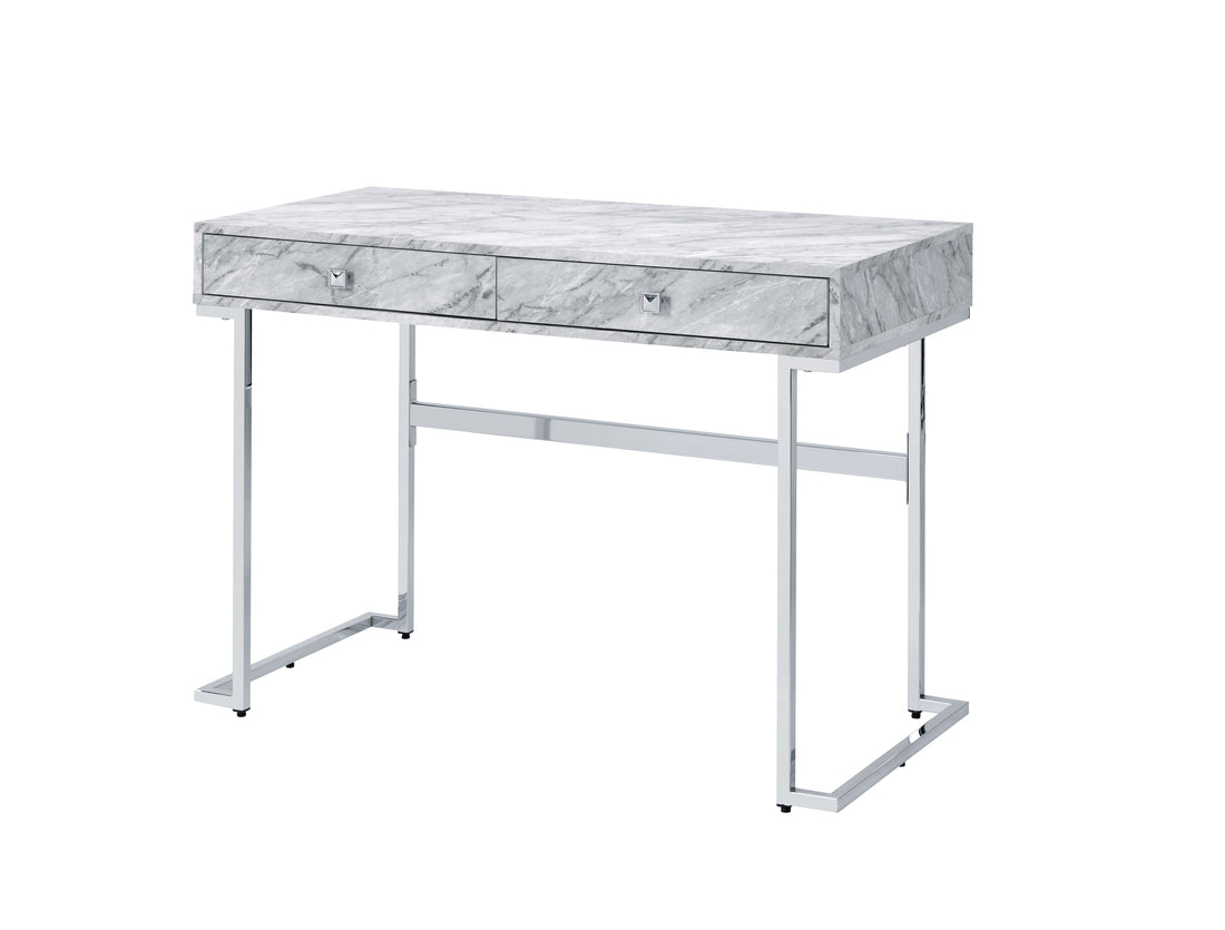 Tigress White Printed Faux Marble Top & Chrome Finish Writing Desk White Faux Marble