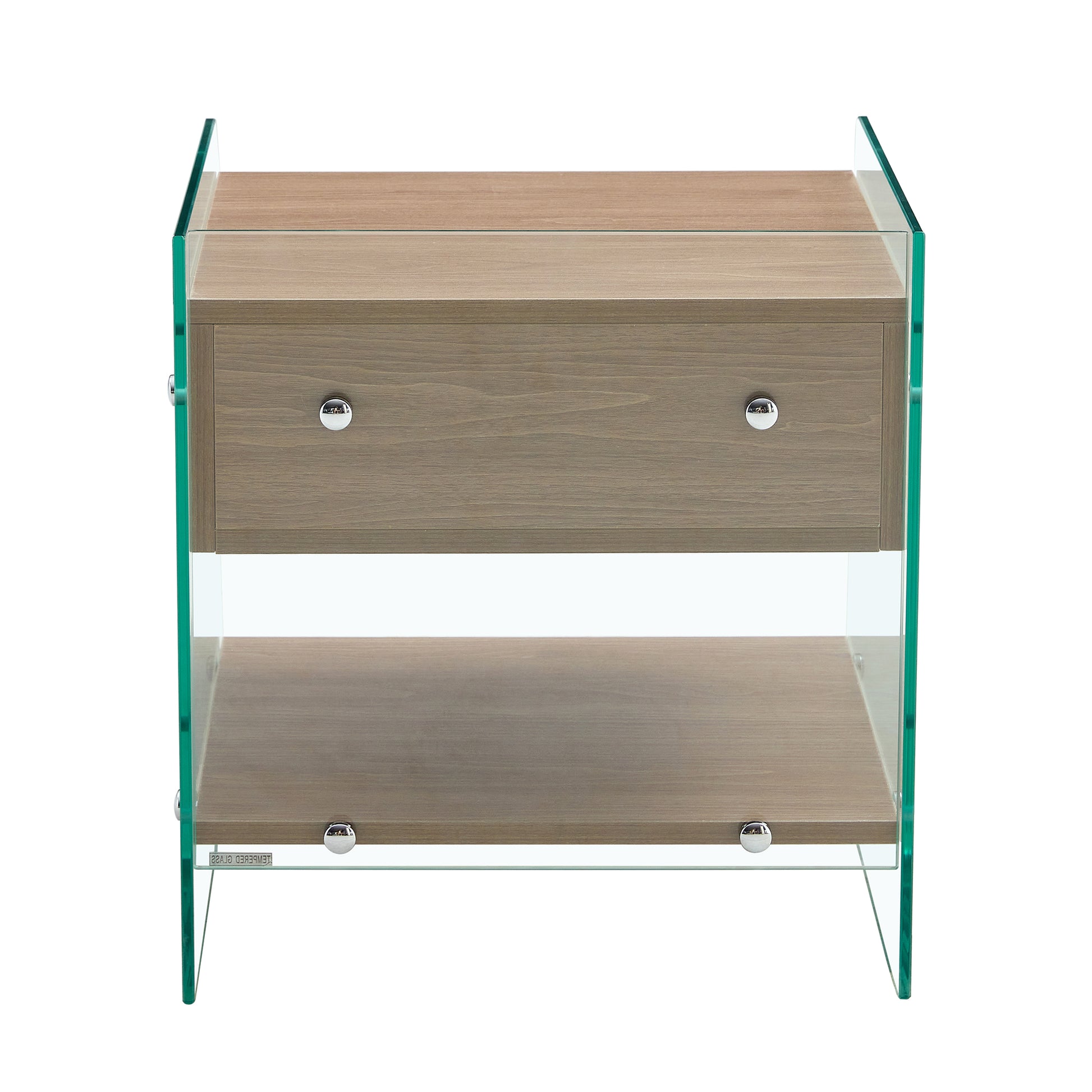 Bedside Table With Drawers. The Board Surface Is Mdf Sticker, And Both Sides Are Transparent Tempered Glass. The Design Is Simple And Elegant, With Excellent Storage Functions. Wood 1 Drawer Mdf Glass