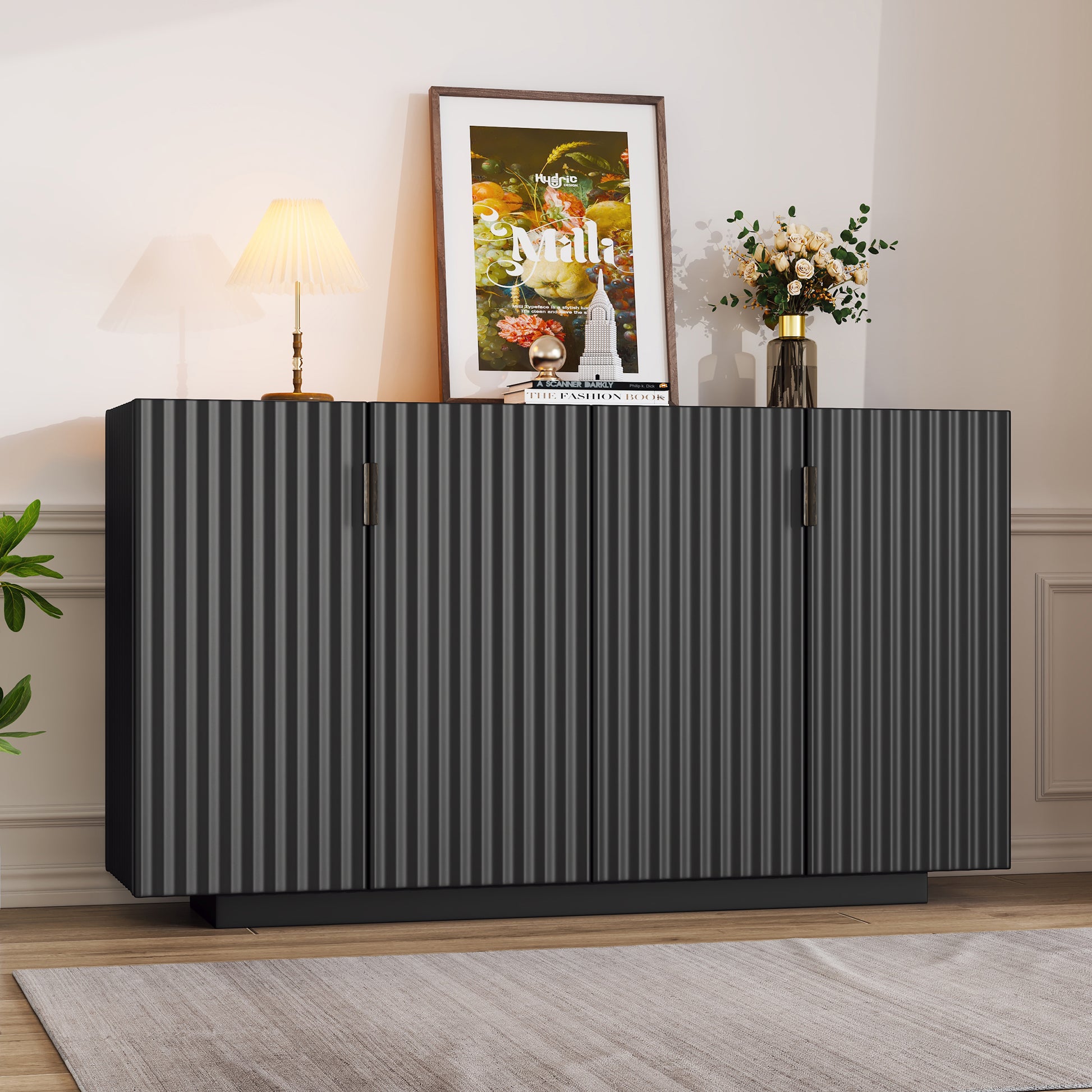 4 Wavy Doors Large Storage Space Sideboard With Adjustable Shelves And Retro Copper Handles For Dining Room And Living Room Black Black Mdf