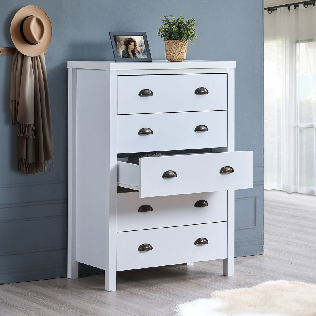 Safari 5 Drawer Chest With Interlock Drawer Feature Drawer Slide And Interlock Pre Assembly, Drawer Chest For Closet Tall Dressers For Bedroom Clothes Organizer Tool Easy Assembly, Classic White Off White White Bedroom American Design,American