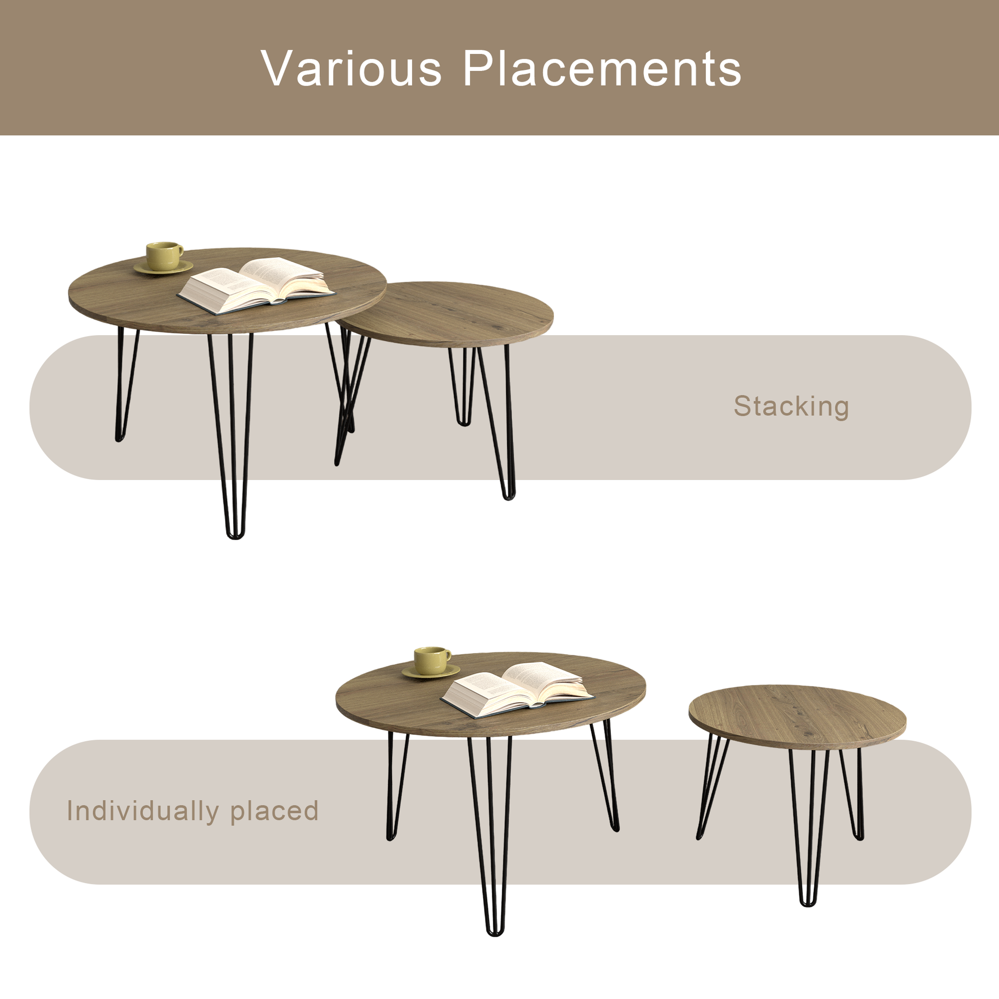 27.56'' Round Nesting Coffee Table Set Of 2, Circular Nesting End Table Set, Round Wooden Tabletop, And Sturdy Metal Base For Living Room, Bedroom, Brown Rustic Brown Round Wood Metal