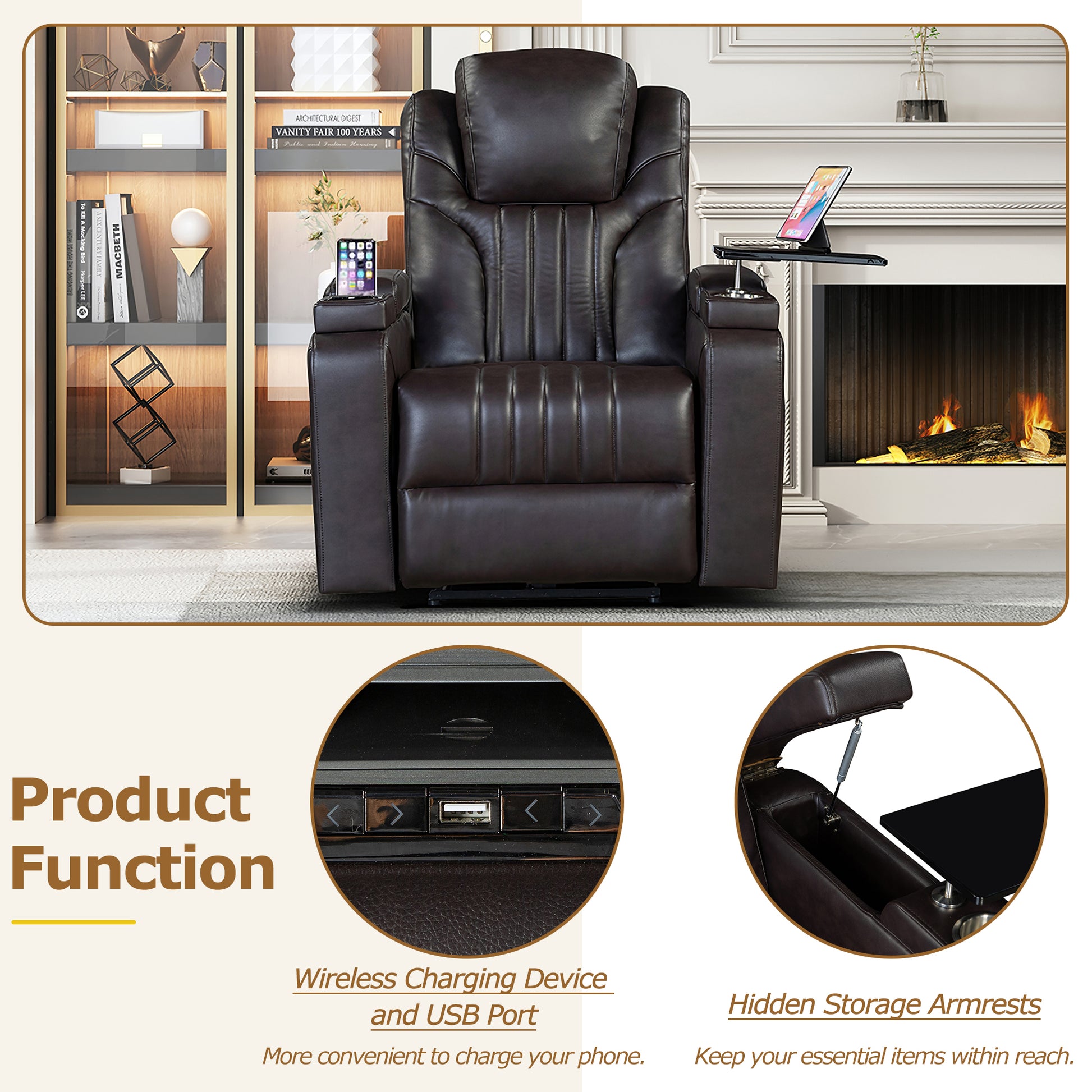 Pu Leather Power Recliner Home Theater Recliner With Power Adjustable Headrest, Wireless Charging Device, Usb Port, Storage Arms, Cup Holder And Swivel Tray Table For Living Room, Brown Brown Foam Pu Leather