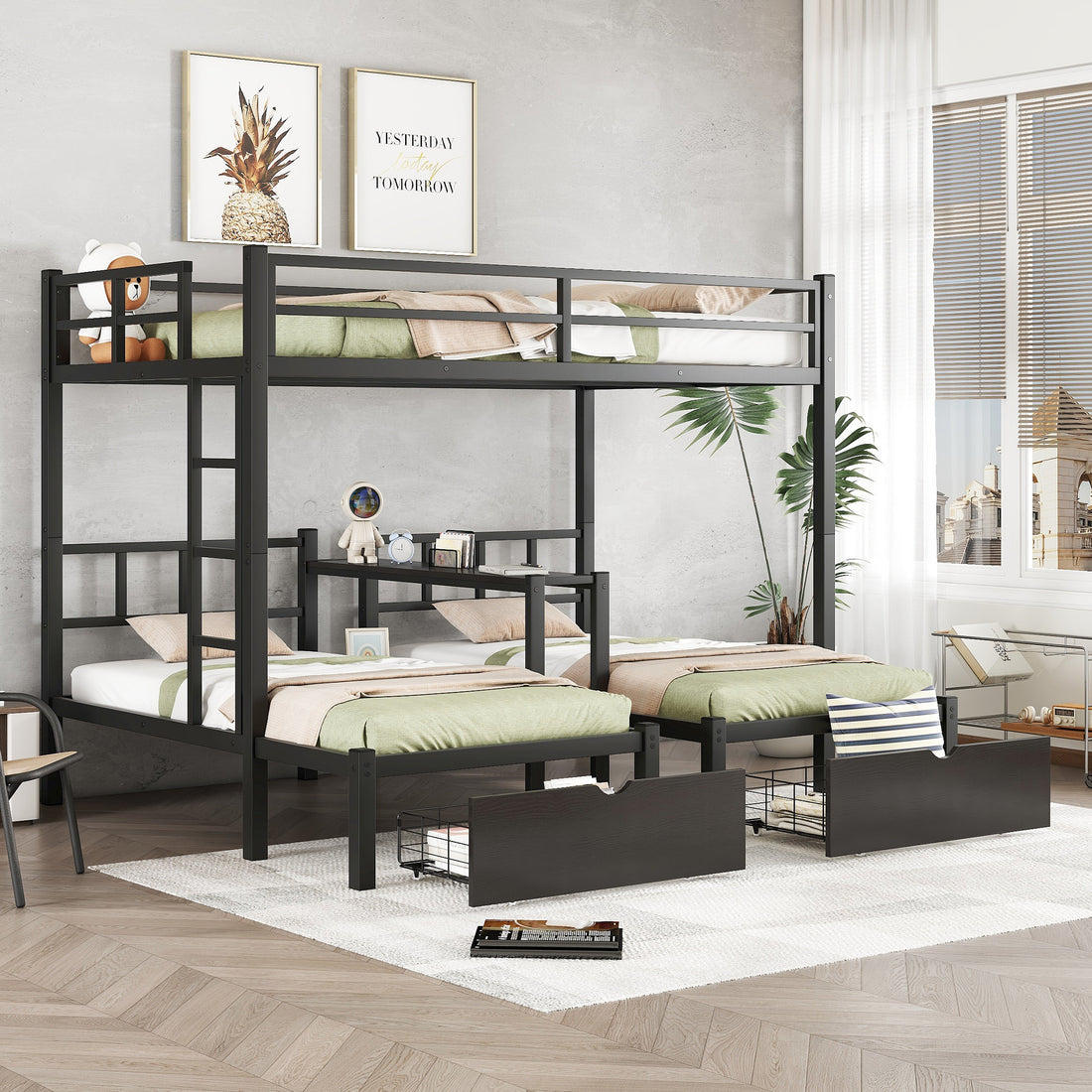 Full Xl Over Twin & Twin Triple Bunk Bed With Drawers, Multi Functional Metal Frame Bed With Desks And Shelves In The Middle, Black Full Xl Black Metal