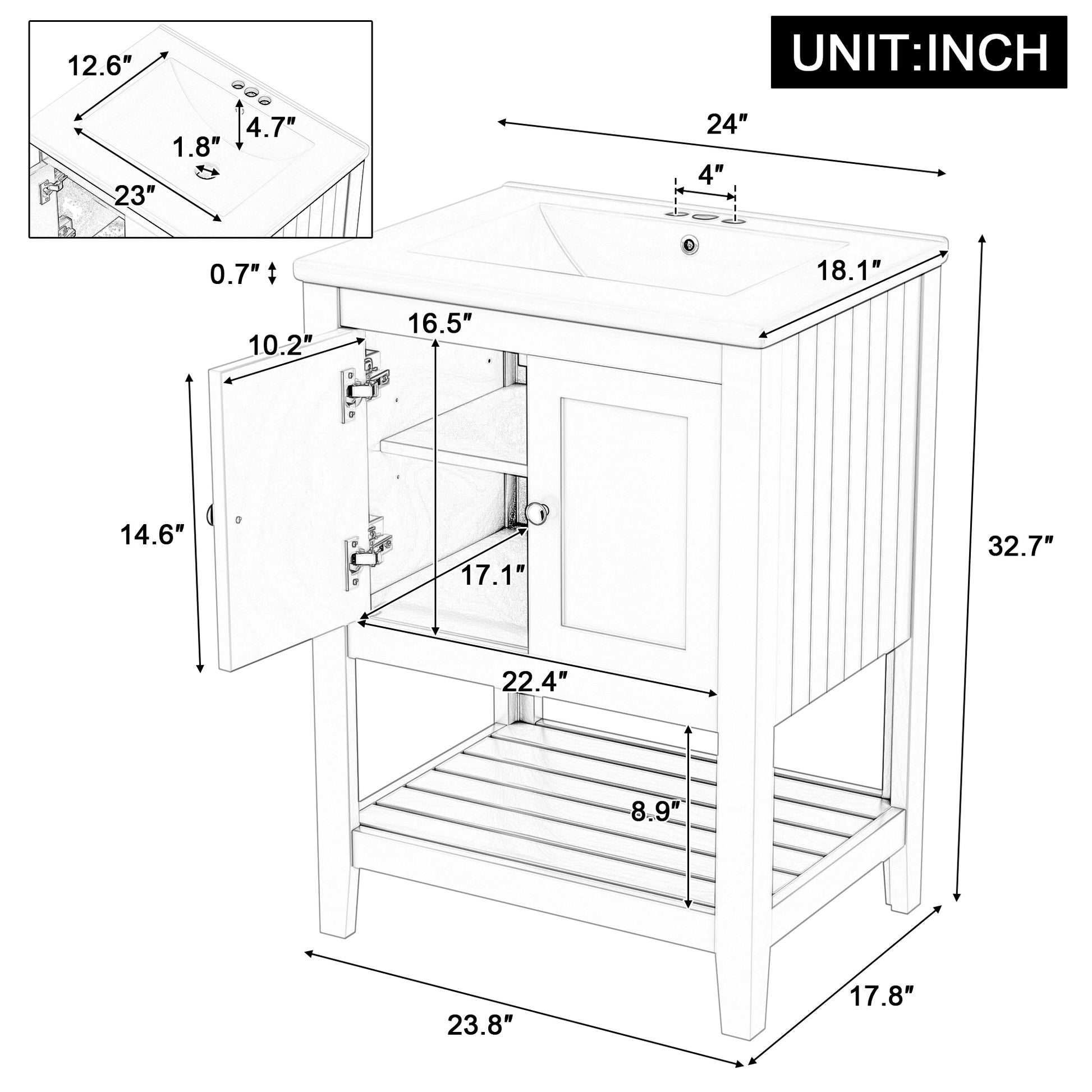 Video 24" Grey Modern Sleek Bathroom Vanity Elegant Ceramic Sink With Solid Wood Frame Open Style Shelf Grey Solid Wood