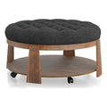 Wire Brushed Finish Natural Tone Dark Gray 1Pc Ottoman Transitional Style Deep Button Linen Like Tufted Seat Open Bottom Shelf Living Room Dark Gray Linen Primary Living Space Beige Contemporary,Rustic,Transitional Rubberwood Round Tufted Solid Wood