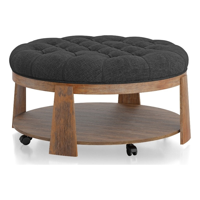 Wire Brushed Finish Natural Tone Dark Gray 1Pc Ottoman Transitional Style Deep Button Linen Like Tufted Seat Open Bottom Shelf Living Room Dark Gray Linen Primary Living Space Beige Contemporary,Rustic,Transitional Rubberwood Round Tufted Solid Wood