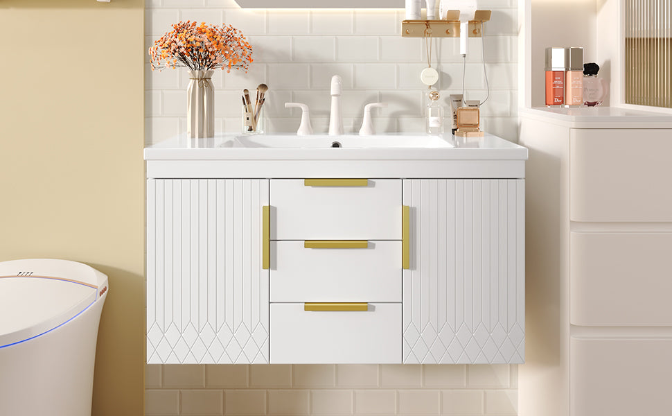 36'' Wall Mounted Bathroom Vanity With Resin Sink, Floating Bathroom Storage Cabinet With 2 Drawers, Solid Wood Bathroom Cabinet White Bathroom Modern Mdf