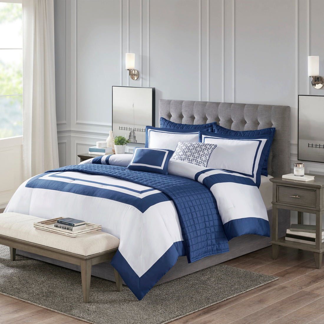8 Piece Comforter And Quilt Set Collection Navy Full Queen Full Navy Polyester