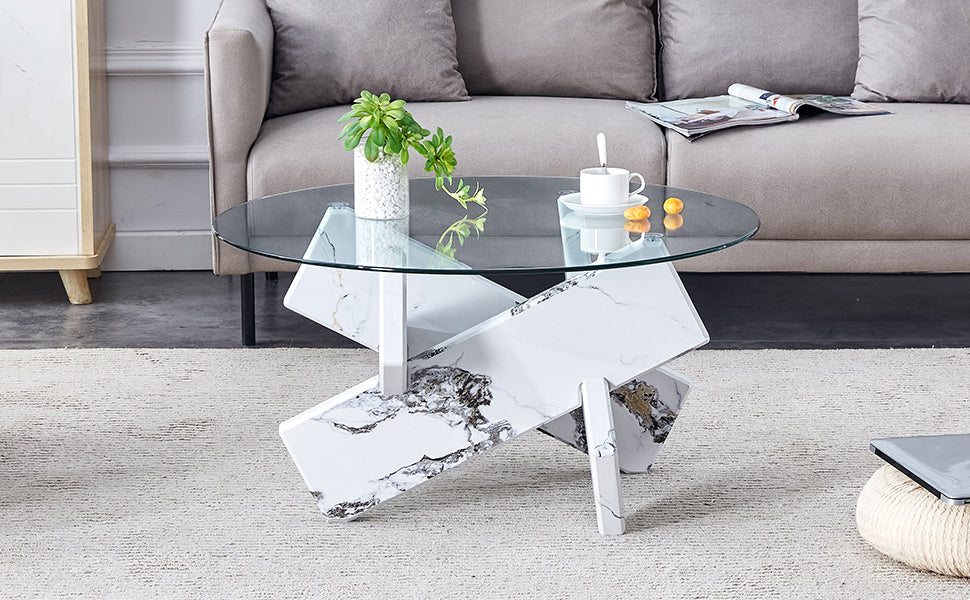 Round Glass Coffee Table, 33.4 "Modern Design Unique Coffee Table. Tempered Glass Countertop With White Patterned Mdf Legs. Suitable For Living And Dining Rooms White Mdf Glass