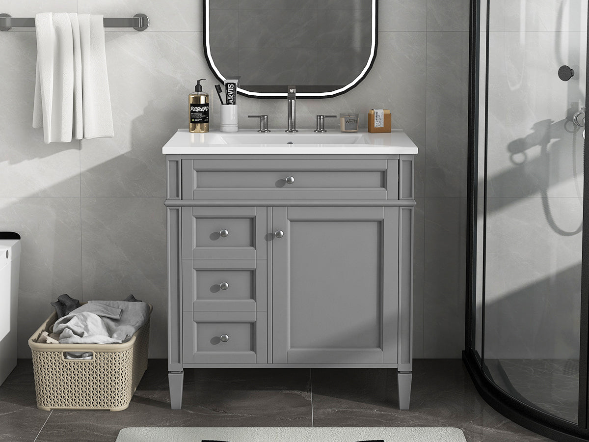 30'' Bathroom Vanity With Top Sink, Modern Bathroom Storage Cabinet With 2 Drawers And A Tip Out Drawer, Single Sink Bathroom Vanity Grey Modern Mdf Ceramic,Solid Wood Mdf