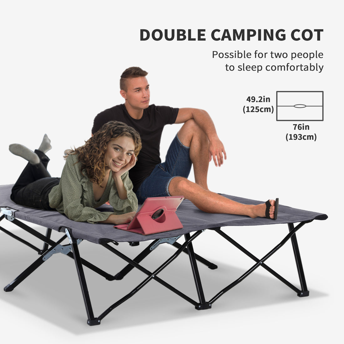 Outsunny 2 Person Folding Camping Cot For Adults, 50" Extra Wide Outdoor Portable Sleeping Cot With Carry Bag, Elevated Camping Bed, Beach Hiking, Grey Grey Steel