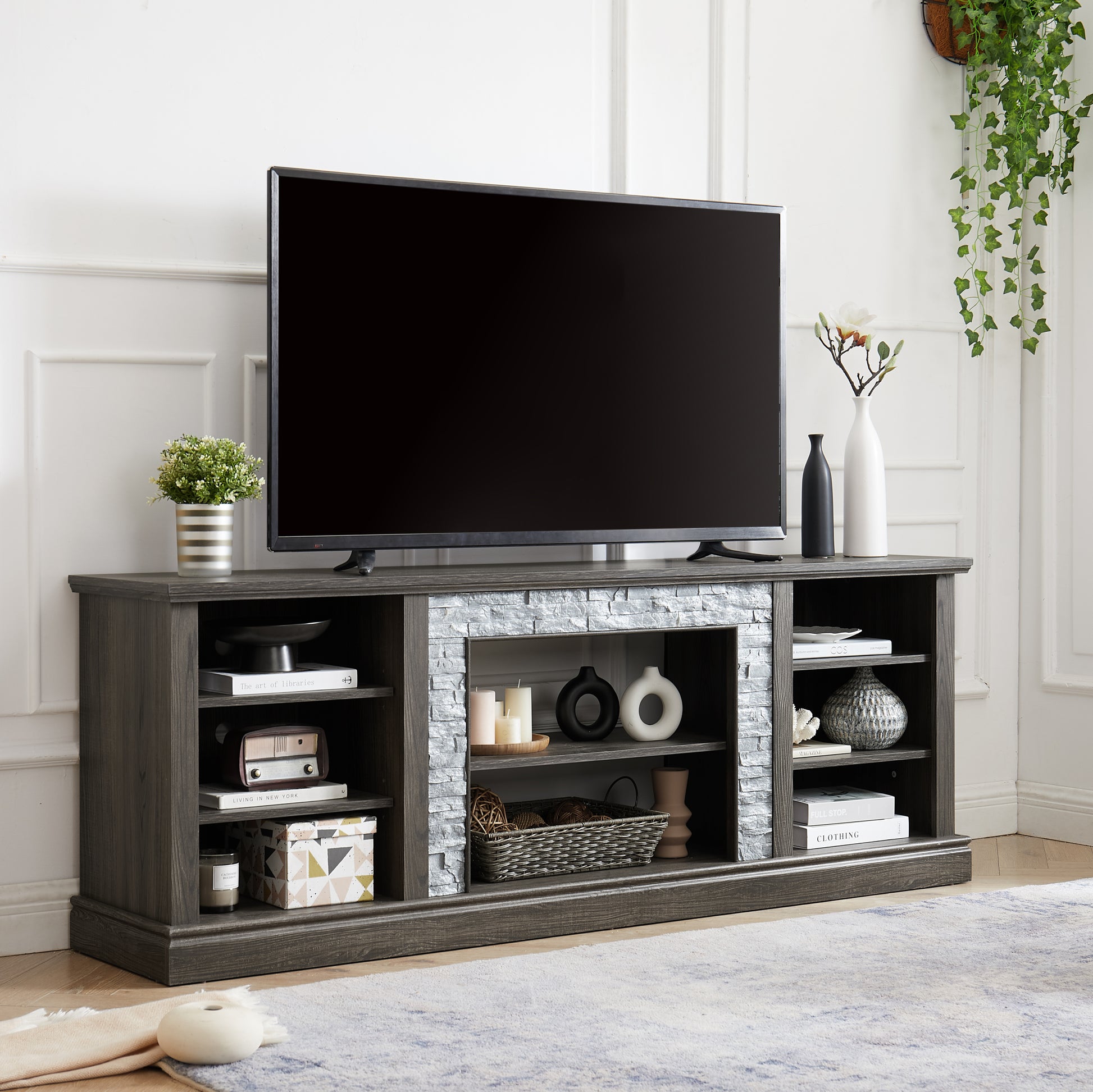 Large Tv Stand Tv Desk Storage Rack With Faux Stacked Stone Surround,Media Console Table With Large Storage Cabinet,Modern Tv Media Entertaionment Stand,Grey, 70.12"W*15.35"D*25.83"H Grey 70 79 Inches Mdf