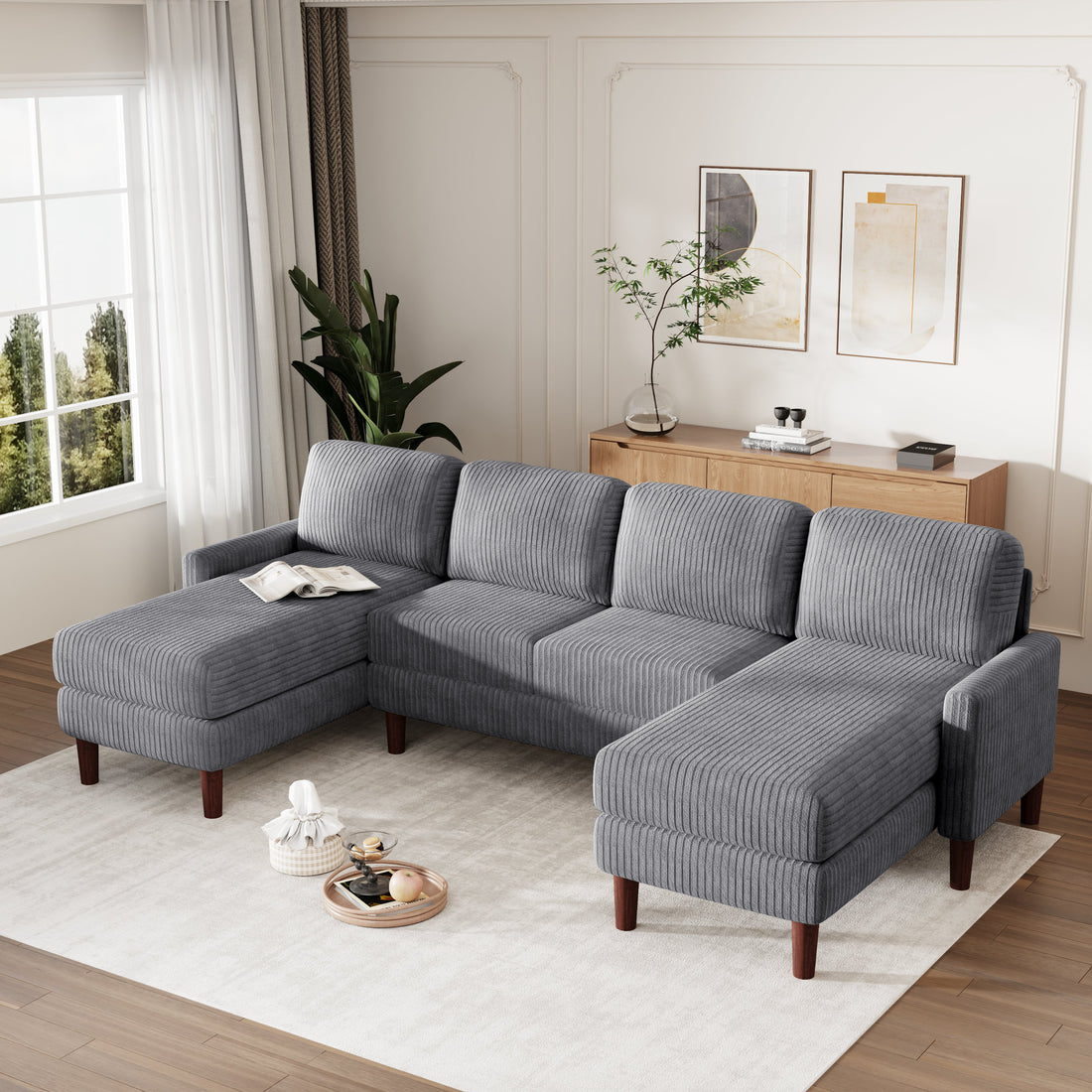 U Shaped Sponge Filled Cushion Combination Sofa, Suitable For Living Rooms, Studies, And Spacious Spaces Gray Polyester 4 Seat