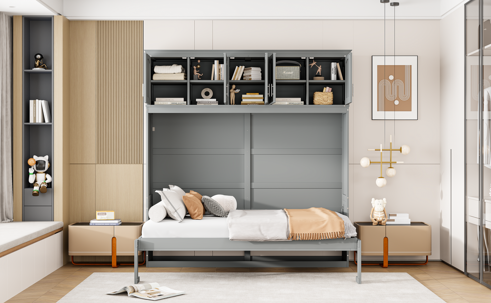 Full Size Murphy Bed Wall Bed With Top Cabinets,Gray Full Gray Plywood